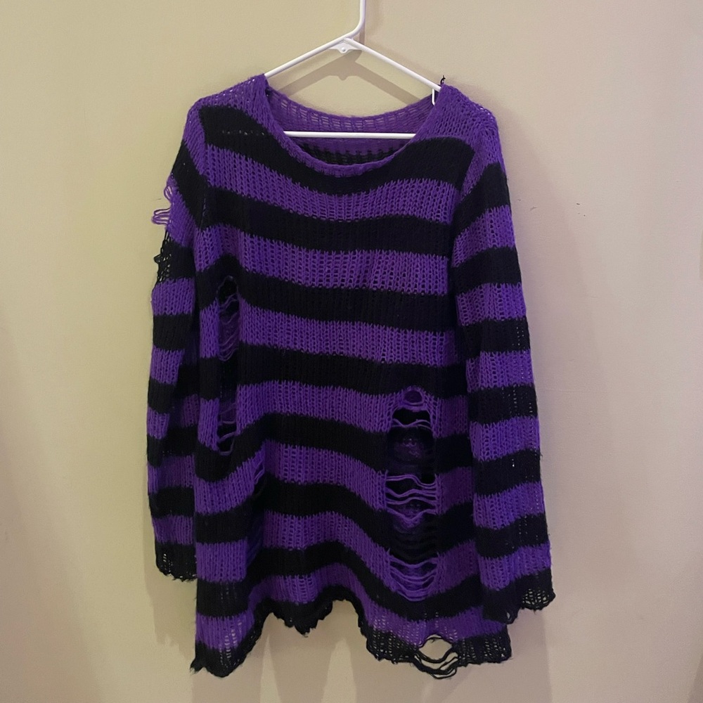 black + purple striped knit sweater